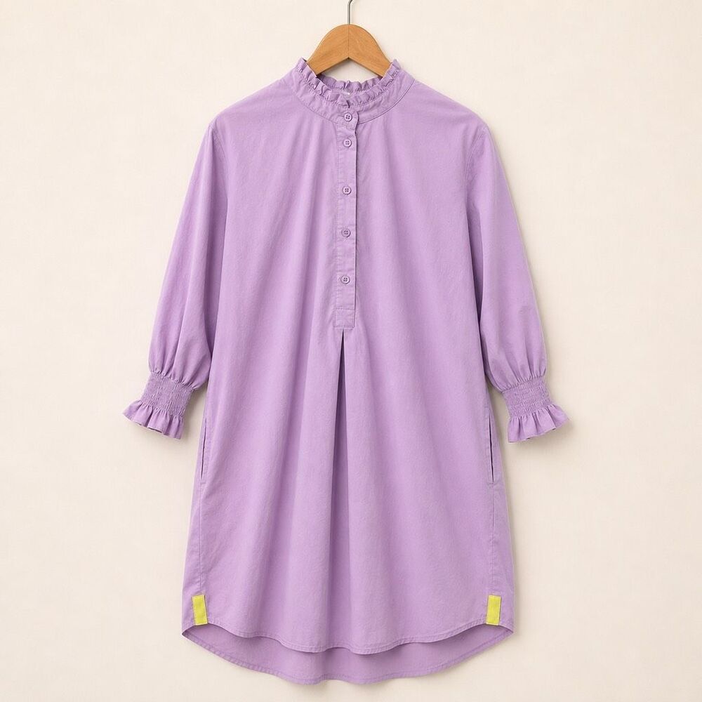 Caryn Lawn Purple Ruffle Neck Tunic Dress 3/4 Sleeve Smocked Cuff Cottagecore